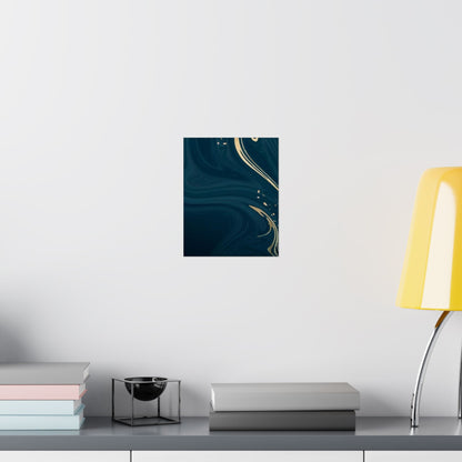 Navy Marble Swirl Matte Vertical Poster | Gold Vein Abstract Wall Art