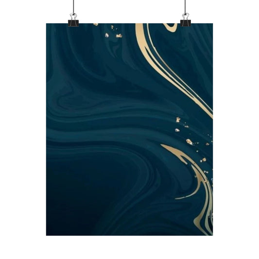 Navy Marble Swirl Matte Vertical Poster | Gold Vein Abstract Wall Art