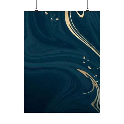 Navy Marble Swirl Matte Vertical Poster | Gold Vein Abstract Wall Art