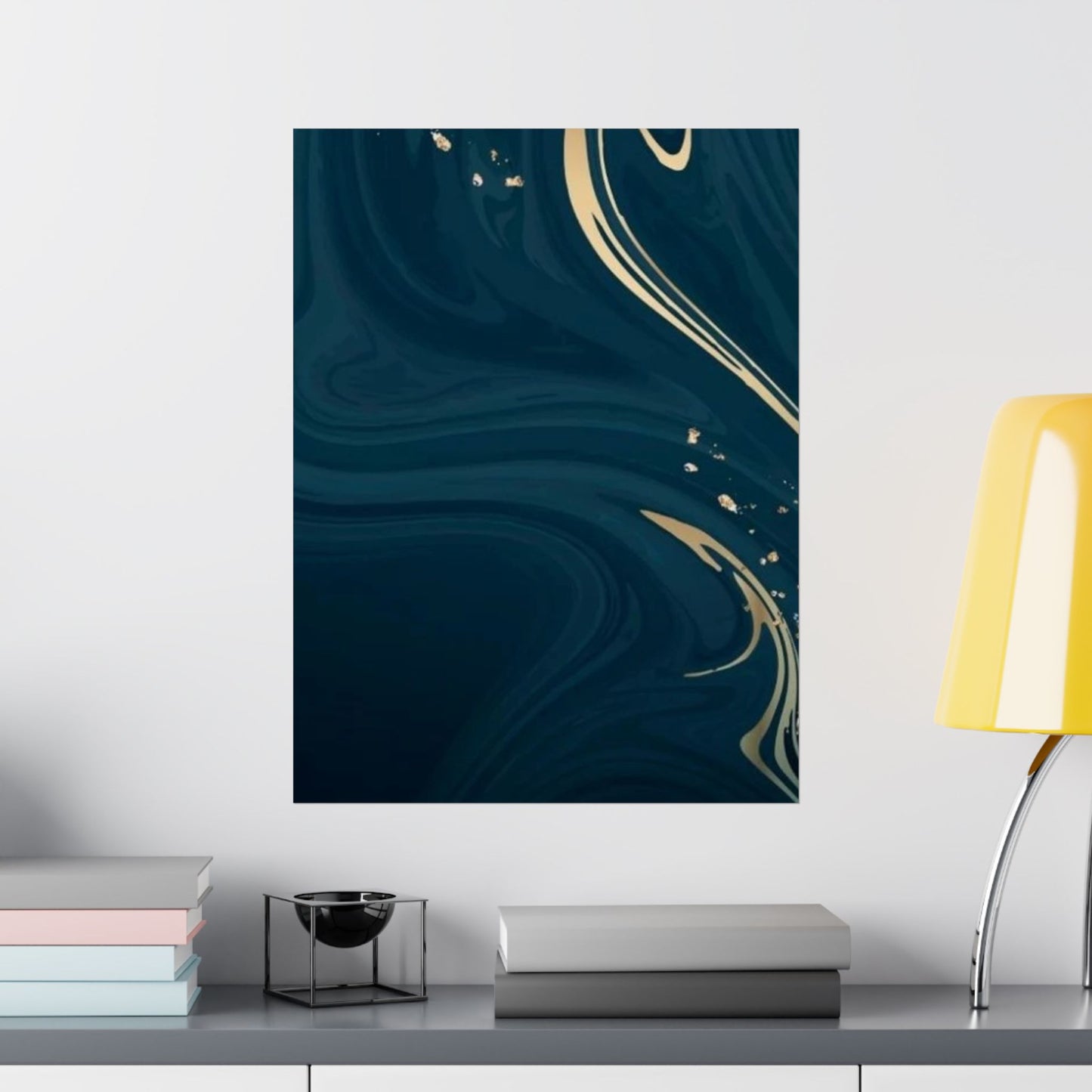 Navy Marble Swirl Matte Vertical Poster | Gold Vein Abstract Wall Art