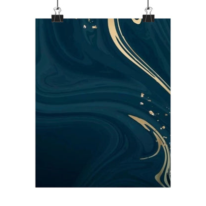 Navy Marble Swirl Matte Vertical Poster | Gold Vein Abstract Wall Art